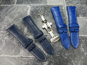 Cinturino pelle grana 22 mm spazzola fibbia pieghevole cinturino orologio set LONGINES blu - Foto 1 di 26