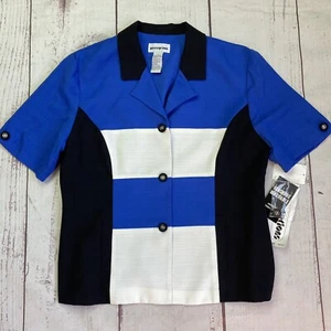 Vintage Perceptions Size 14 Short Sleeve Blazer Jacket Colorblock Blue Button - Picture 1 of 11
