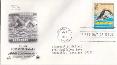 1996 Summer Games Women's Swimming FDC May 2 1996 Atlanta Ga. 32 Cent - Image 1 of 2