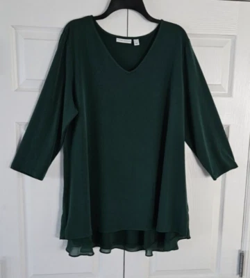 Susan Graver Size XL Liquid Knit Peplum Back w/Chiffon Overlay Top Green A308258 - Image 1 of 4