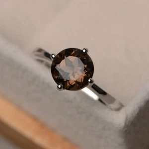 Natural Smoky Quartz Ring 925 Sterling Silver Round cut Engagement Ring - Picture 1 of 7
