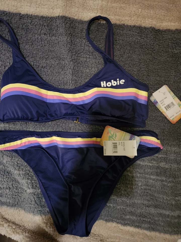 Conjunto de bikini Hobie azul marino patrón de rayas lisas, XXL NUEVO CON ETIQUETAS, venta al por menor $78 Foto 1 de 4
