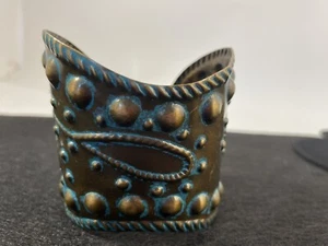 Cuff Bracelet Brass Etched Patina Wide Chunky Bohemian Tarnish - Picture 1 of 5