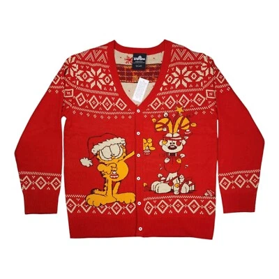 Cardigã suéter masculino Garfield Natal tamanho G vermelho estampa festiva 100% acrílico - Imagem 1 de 4