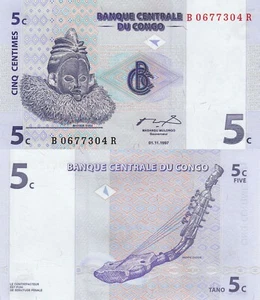 Congo DR 5 Centimes (01.11.1997) - Mask/Harp/p-81 UNC - Picture 1 of 3