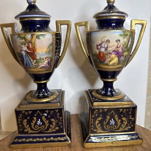 Pair of 19th Century Vienna Style Porcelain Urns and Cover, Beehive Mark-Rare-8” - Picture 1 of 24