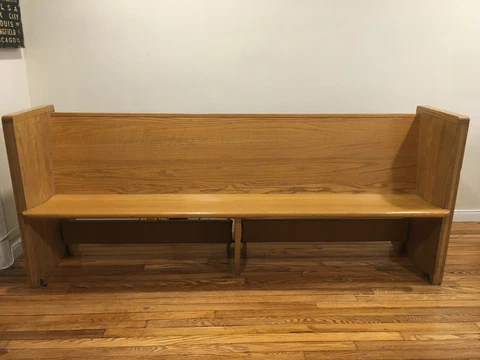 Solid Oak Pew. Intact Kneelers. 7 Feet. Seat width 14 inches. LOCAL Pickup Only Cover