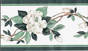 WHITE MAGNOLIA ON WHITE WITH GREEN TRIM WALLPAPER BORDER - Picture 1 of 1