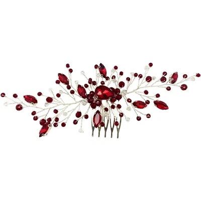 Bridal Wedding Hair Comb Wine Red Crystal Sliver Hair Vine Piece Accessories ... - Image 1 of 4