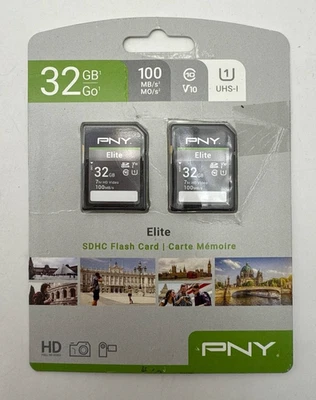 PNY Elite Class 10 U1 V10 SDHC Flash Memory Card 32GB UHS-I 100MBs Kit Pack of 2 - Image 1 of 4