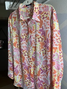 Chaps Plus Size Floral Shirt Women’s Size 2X Pink Button Up Shirt Semi Sheer - Picture 1 of 11