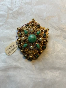 Vintage Florenza Signed Heraldic Ornate Brooch Antique Gold Tone W/Faux Stones. - Picture 1 of 2