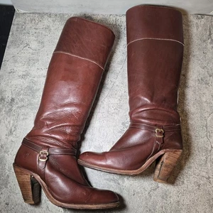 Vtg Frye Women Size 7 B USA Leather Knee High Boots Heels 7919 Brown Buckle - Picture 1 of 12