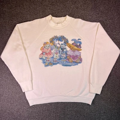 Vintage 80s Teddy Bear Tea Party Sweater XL White Ava Freeman Fruit of the Loom - Image 1 of 4