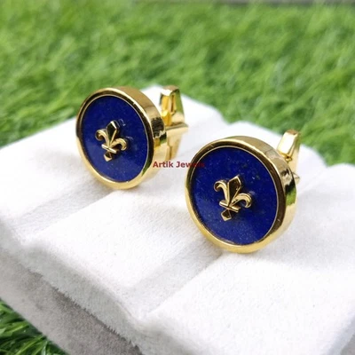 Gemelos de plata de ley 925 chapados en oro con piedras preciosas de lapislázuli natural 3474 Foto 1 de 4