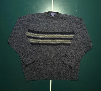 Pendleton Shetland Wool Crewneck Sweater Men’s Large Blue Gray Striped Pullover - Image 1 of 4