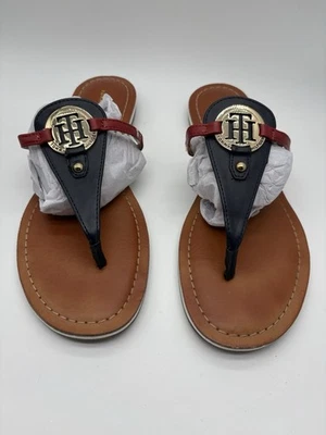 Tommy Hilfiger Mujer Talla 9 Azul Marino Y Rojo Cuero Logo Tanga Sandalias Planas Foto 1 de 4