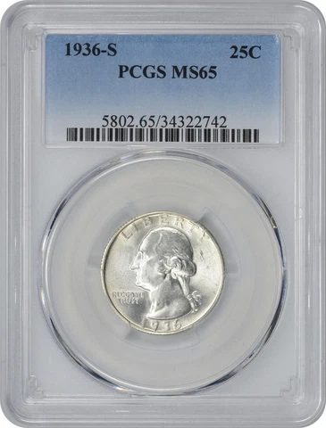 1936-S Washington Silver Quarter MS65 PCGS Cover