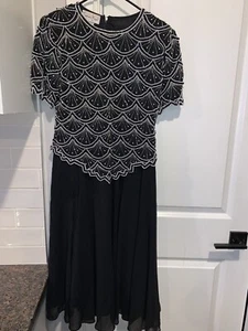 Laurence Kazar Black Dress Short Sleeves Size PM White beads and Sequins work - Picture 1 of 7