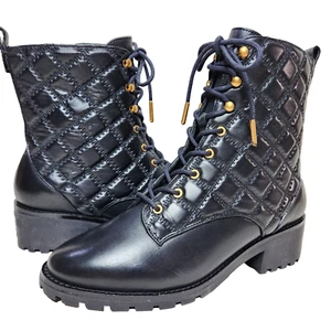 TORY BURCH Quilted Leather Combat Boots NEW! Sz 10.5 Lace Up Zip Black Copper - Picture 1 of 11