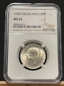 YUGOSLAVIA 20 Dinara 1938, NGC MS 63 Choice Uncirculated, Silver.  X4 - Picture 1 of 2