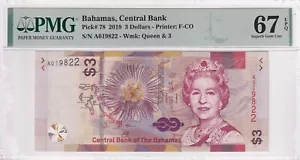 π§πΈ BAHAMAS, $ 3 Dollars, 2019, UNC, p78 ,PMG 67, High condition, QE II ,Serial - Picture 1 of 2