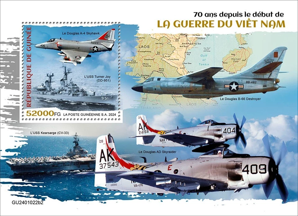 Aviones del 70 aniversario de la guerra de Vietnam barcos estampillas MNH 2024 Guinea S/S Foto 1 de 1