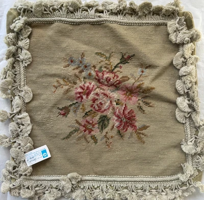 Chinese Floral Design 14" Hand Crafted Needlepoint Pillow Cover - Image 1 of 3