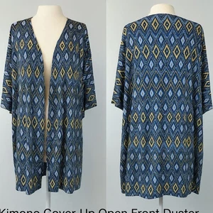 LuLaRoe Lindsay Kimono Duster Open Front Blue Yellow Tribal Print Sz S - Picture 1 of 8