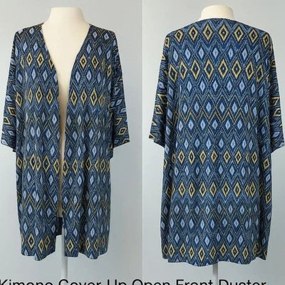 Plumero Kimono LuLaRoe Lindsay Frente Abierto Azul Amarillo Estampado Tribal Talla S Foto 1 de 4