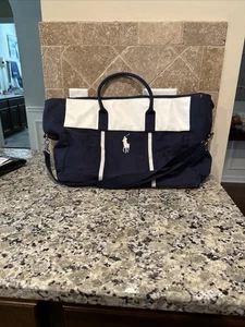 Polo Ralph Lauren marineblau & weiß Canvas Beuteltasche Tasche großes Logo Seesack Reise Fitnessstudio - Bild 1 von 20