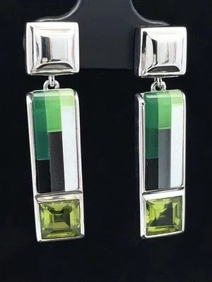 OHRHÄNGER AUS 925/- SILBER RHOD. MIT MOSAIK-EDELSTEIN & PERIDOT  SCHMUCKJAGD - Bild 1 von 4