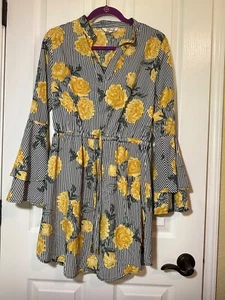 HINT OF BLUSH FLORAL SIZE LARGE PINSTRIPED SHIRT DRESS DOUBLE BELL SLEEVE - Picture 1 of 7