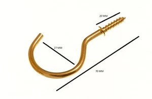 Cup Hook 50mm To Shoulder Total Length 70mm Brass Plated Eb With Pack Size 10 - Afbeelding 1 van 1