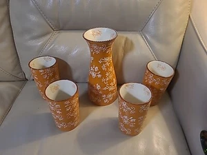 Temptations By Tara Floral Lace Orange 16oz. Retired Set of 4 +36 oz carafe+  - Picture 1 of 7