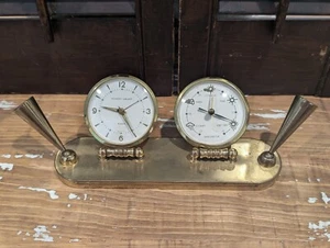 VINTAGE SEMCA CLOCK CO. PINNEY-WALKER OFFICE DESK CLOCK PEN HOLDER BAROMETER - Picture 1 of 23