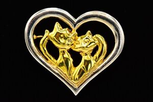 Danecraft Vintage Cats Pin Brooch Gold Silver Heart Couple Love Valentine BinA3