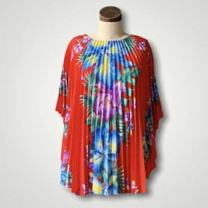 Vintage HAWAIIAN BATWING Blouse Dress Floral PLEATED Hibiscus Red Top - Picture 1 of 8