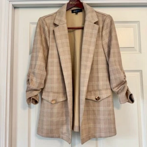Women's Alice Blue Blazer Size M Plaid Tan Sparkle Teal - Picture 1 of 9