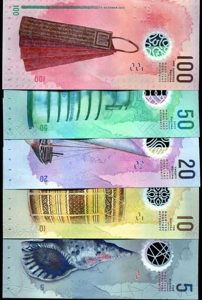 Maldives Set  5 10 20 50 100 MVR Rufiyaa Random Year Polymer CIR Bills note.  - Image 1 of 1