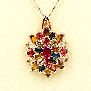 Collana D'Joy con ciondolo multi tormalina 925 STS (20 pollici) disegno floreale nuova con etichetta 4,25 ct - Foto 1 di 16