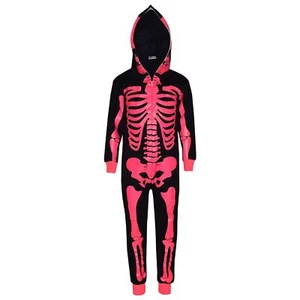 Kids Girls Boys Skeleton Print Neon Pink A2Z Onesie One Piece Halloween Costume - Picture 1 of 8
