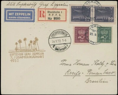 1932, SWEDEN ZEPPELIN 7TH SOUTH AMERICA FLIGHT COVER TO BRAZIL, SI.#183 - Image 1 of 2