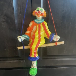 Vintage Paper Mache Clown Sitting Standing On Trapeze Swing Colorful Wall Decor - Picture 1 of 21