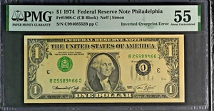 1974 $1 FR 1908-C Federal Reserve Note - Inverted Overprint Error - PMG AU 55 - Picture 1 of 4
