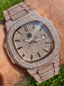 Real Mens Watch Fully Iced Rose Gold Stainless Steel Bust Down Out 41mm Hip Hop - Picture 1 of 12