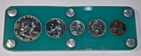 1953 US Mint Proof Silver 5 Coin Coin Set In Deluxe Green Holder Cover
