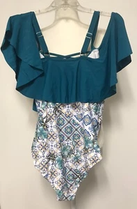 Bllomchic Swimwear Cold Shoulder Crisscross Asymmetrical One Piece Teal 14-16 - Picture 1 of 7