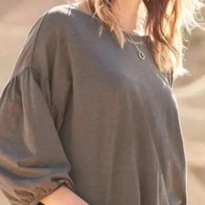 Garnet Hill Blouson-Sleeve Cropped Boxy Tee Lagenlook Neutral in Brown M - Image 1 of 4