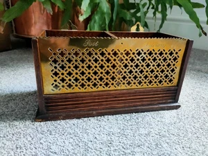 Antique 19th Century English Oak Brass Hanging Letter Rack Brass Pierced Front - Picture 1 of 6